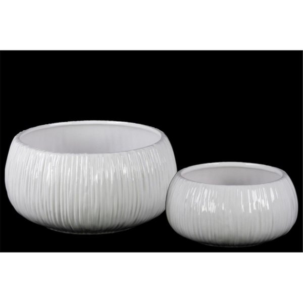 H2H 2 Piece Ceramic White Coated Round Flower Pot with Ribbed Side, 10.00 x 10.00 x 5.25 in. H22500781